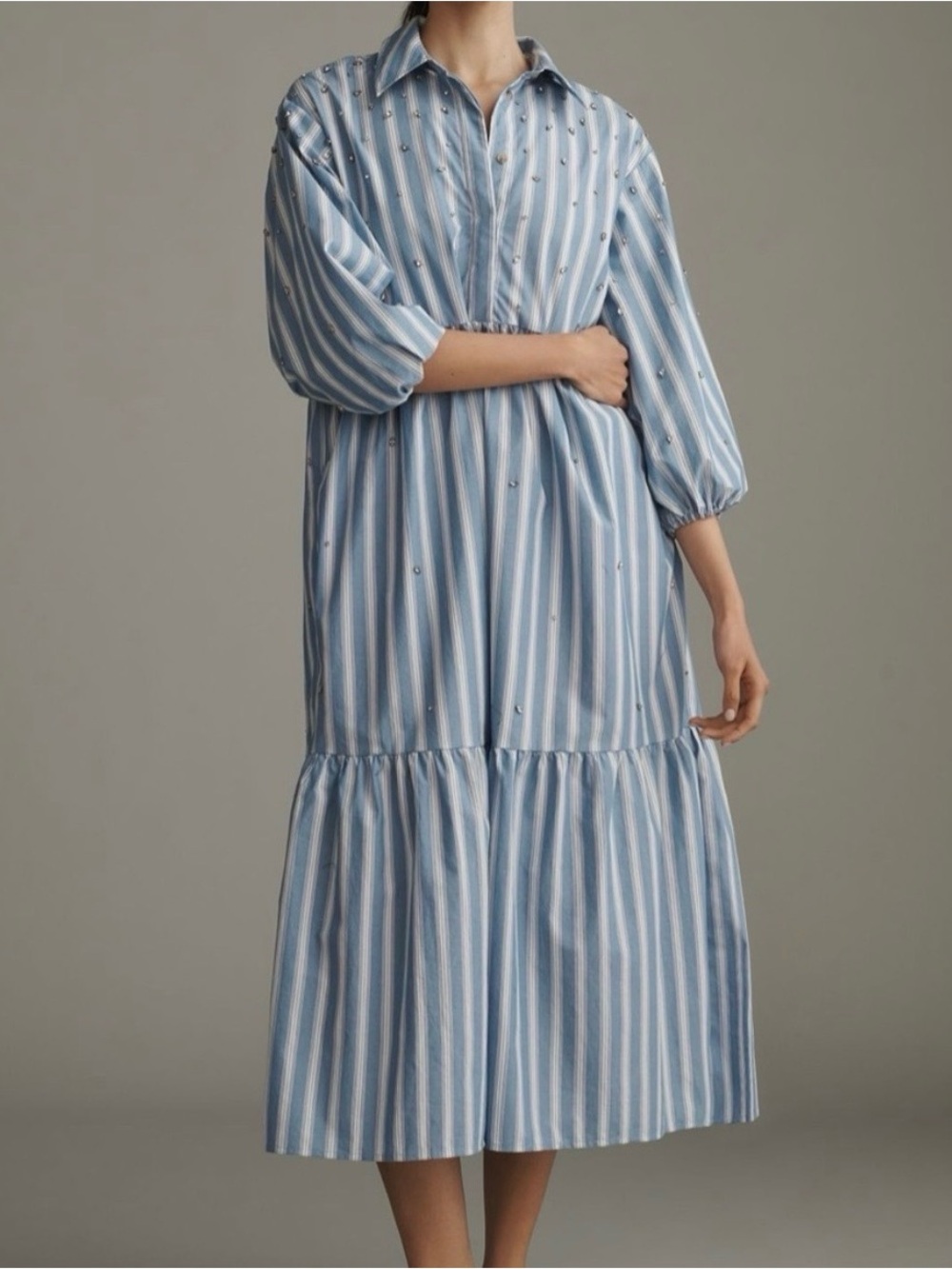 Anthropologie Bettina Blue and White Striped Midi Shirt Dress